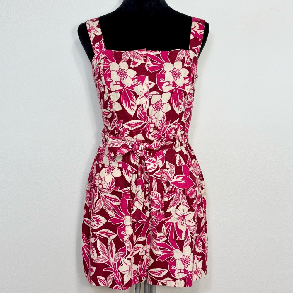 Belle Vere Linen Blend Multi Floral Burgundy Sleeveless Buttons Belted Romper, 8